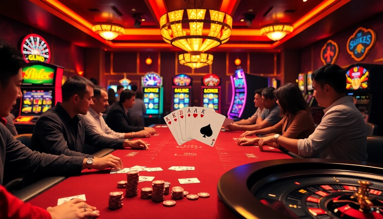 Players enjoying a thrilling poker game at https://kjc.jp.net/, showcasing an exciting casino atmosphere with vibrant colors and excitement.